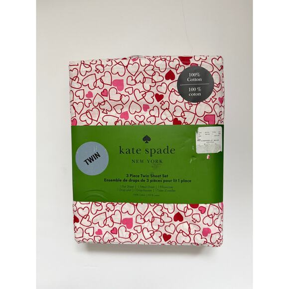 Kate Spade White Pink Red Heart Bed Sheets Cotton Twin 3 Piece Valentine's